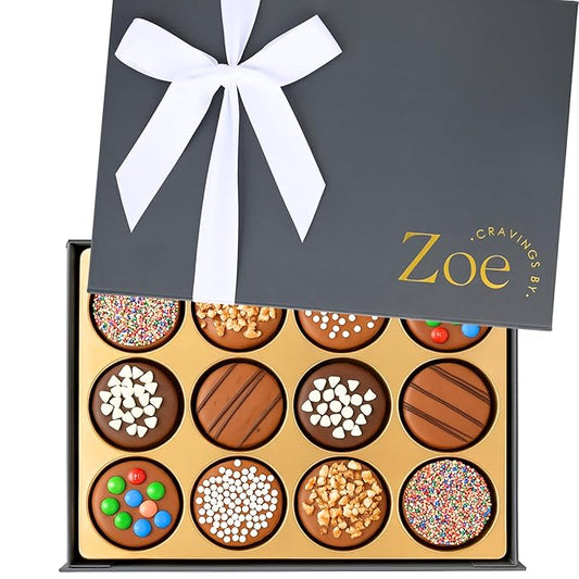 CRAVINGS BY ZOE Valentines Day and Birthday Chocolate Covered Cookies Gift Basket | 12 Count | Kosher Milk & Dark Belgian Chocolate Gourmet Food Gift Box | Thank You, Candy Gifting Men Women Him Her Mom