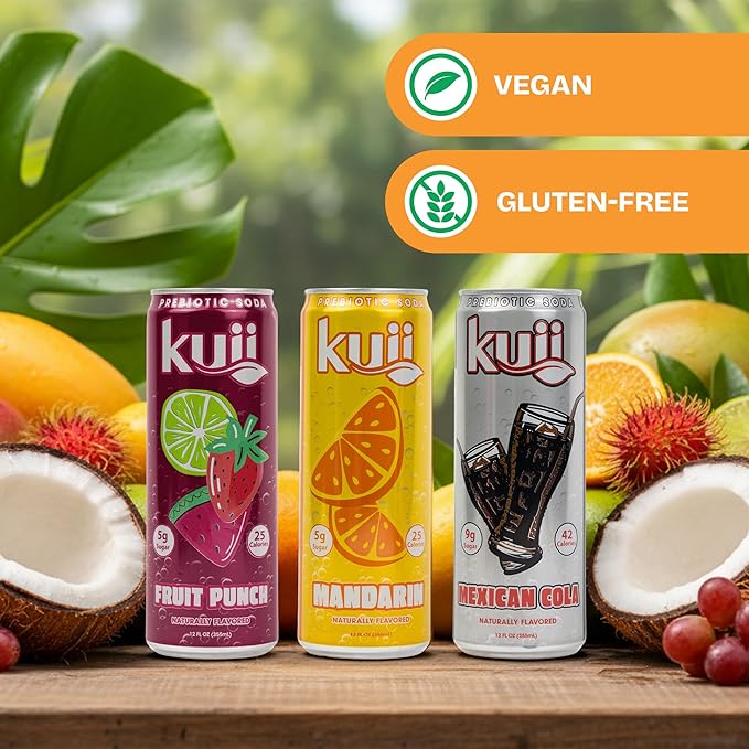 Kuii Prebiotic Soda Variety Pack – 12 Count with Mexican Cola, Mandarin & Fruit Punch Flavors – Sparkling Gut-Friendly Drinks for Refreshing, Guilt-Free Hydration, 12 fl oz Cans