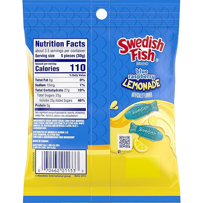 SWEDISH FISH Blue Raspberry Lemonade Soft & Chewy Candy, Bulk Candy, 12-3.59 oz Bags