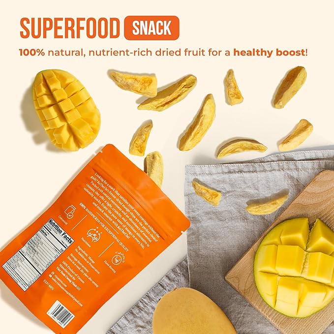 KOTHECHE Freeze Dried Mango (Pack of 4). No Sugar Added, Healthy Snack - Sweet but Low Calorie Fruit Chips - Gluten Free, Vegan Snack - Dehydrated Crispy Mango in Resealable Bag, Low Carb & Natural Superfood for Kids and Adults