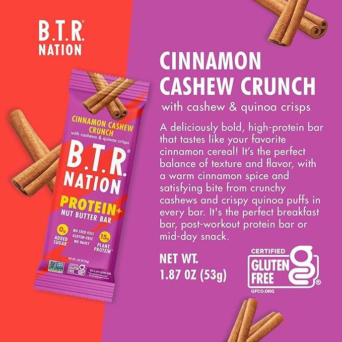 B.T.R. Nation Vegan Keto Plant Based High Protein & High Fiber Bars - Cinnamon Cashew Crunch Protein+ | 12 Bars | Low Carb & GF, Free of Sugar Alcohols, Dairy, Soy and with Powerful Superfoods!