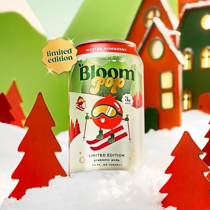 Bloom Pop Prebiotic Soda 12 Pack, Winter Pomberry Flavor, 12oz Cans | Prebiotic Soda for Gut Health, Low Calorie Soda, No Caffeine, Healthy Soft Drink Alternative