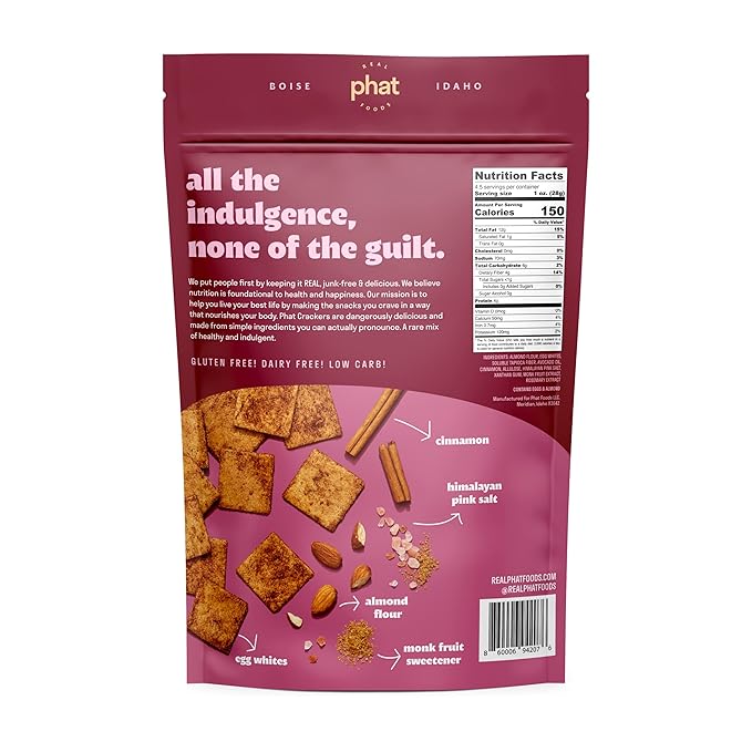 Cinnamon Almond Flour Crackers by Real Phat Foods - Low Carb, Gluten-Free Keto Snack - Pack of 3 (Sweet Cinnamon Crunch)