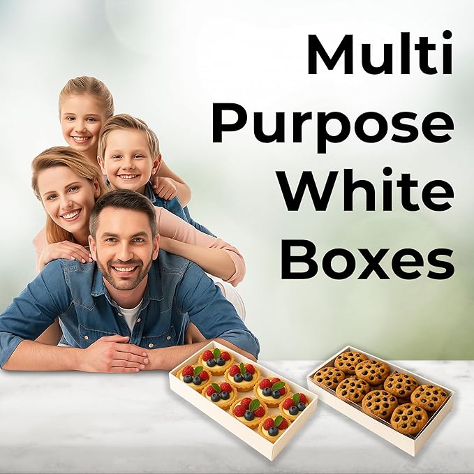 Gift Boxes with Clear Cover, Bakery Treat Boxes for Small Cakes, Cookies, Desserts, Donuts, Pastries, Gifts, and Party Favors – Durable & Elegant (10 Pieces White Kraft with Seperator, 4"x8"x1.2")