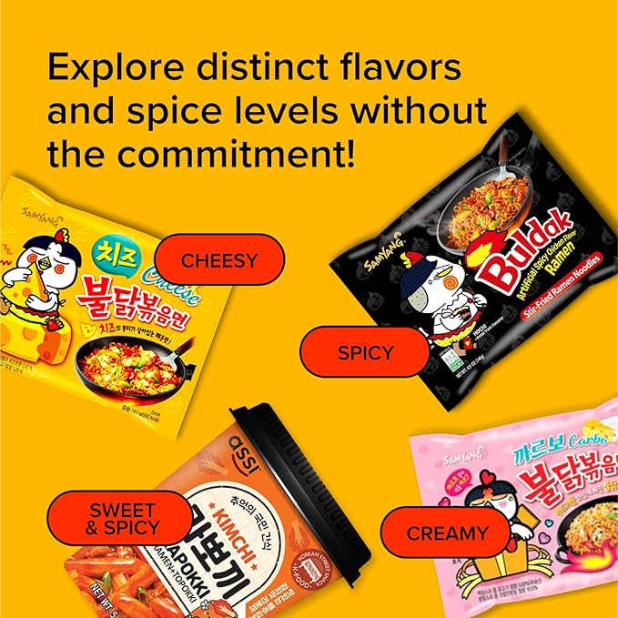 Korean Spicy Ramen Box | 3 Buldak Ramen “Original, Cheese, Carbo +1 Korean Spicy Rice Cake Tteokbokki +1 Korean Sweet Drink + 4 Chopsticks | Korean Food Box Gift - Journey of Korea