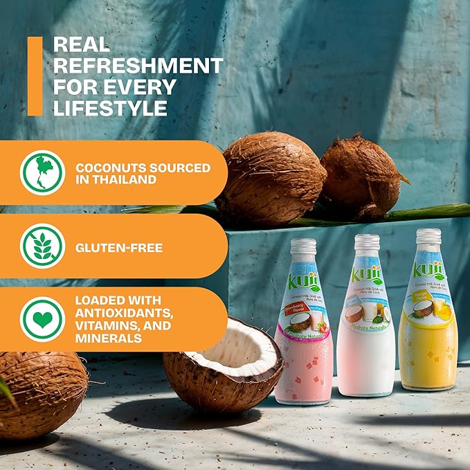 Kuii Coconut Milk Drink Variety Pack – 12 Count with Original Coconut, Strawberry & Mango Flavors – Refreshing Drinks with Nata de Coco for Fun & Fruity Tropical Hydration, 9.8 fl oz Bottles