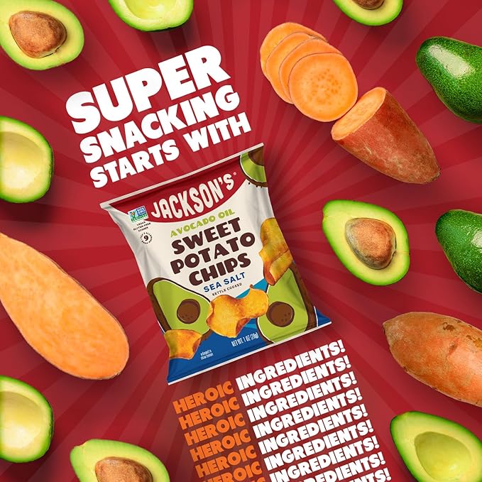 Jackson’s Sweet Potato Kettle Chips with Sea Salt made with Premium Avocado Oil (1 oz, Pack of 15) - Allergen-friendly, Gluten Free, Peanut Free, Vegan, Paleo Friendly - Shark Tank Product