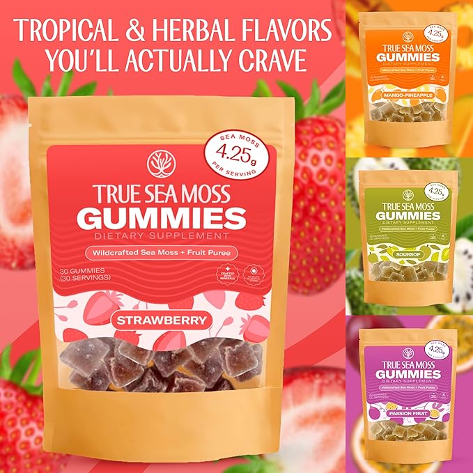 True Sea Moss Gummies – High Potency 4250mg Wildcrafted Irish Sea Moss Gel Extract per Serving + Strawberry Flavor – With Coconut Sugar & Real Fruit Purée – 30 Gummies (30 Servings)