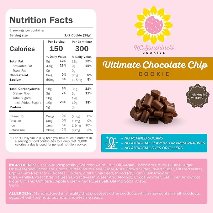 KC Sunshine’s Chocolate Chip Cookies (Pack of 6) – Gluten Free Snacks - Dairy Free, Nut Free, Vegan Friendly & Plant Based – Gluten Free Cookies Individually Wrapped