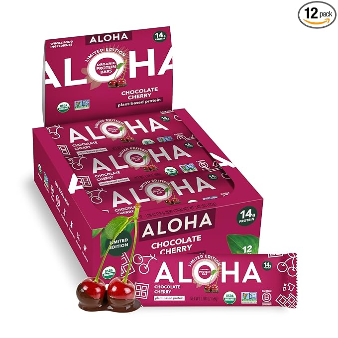 ALOHA Organic Plant Based Protein Bars - Chocolate Cherry - 12 Bars, Vegan, Low Sugar, Gluten-Free, Paleo, Low Carb, Non-GMO, No Stevia, No Erythritol