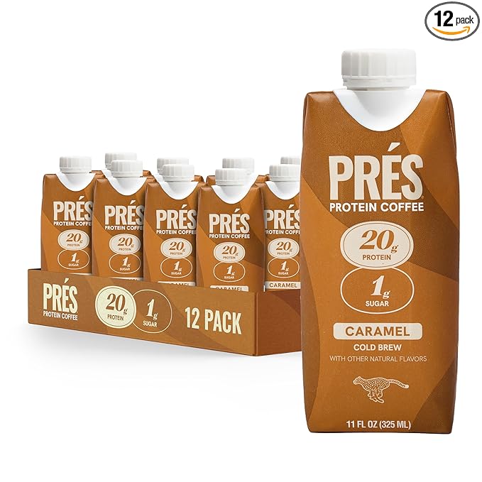 Prés - Protein Coffee - High Protein - Real Cold Brew - 20g Protein - 1g Sugar - 100 Calories - No Added Sugar - Coffee - Protein - 11 FL OZ - 12 Pack (Caramel)