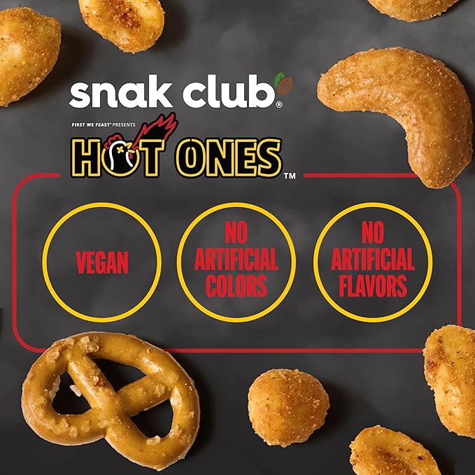 Snak Club x Hot Ones Snack Mix, Hot Habanero, Sweet Smoky, and Tangy Chili, Spicy Snacks with Peanuts, Pretzels, Sesame Sticks, Toasted Corn, Cashews, Vegan Snack, 10 oz Resealable Bags, 3 Pack