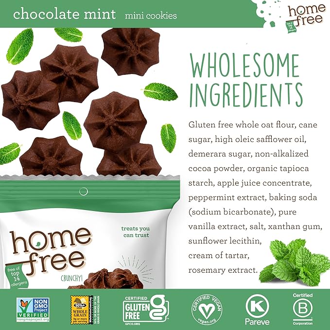 Homefree Chocolate Mint Mini Cookies, Gluten Free, Nut Free, Vegan, Individually Wrapped Packs, School Safe and Allergy Friendly Snack, 0.95 oz. (Pack of 64)