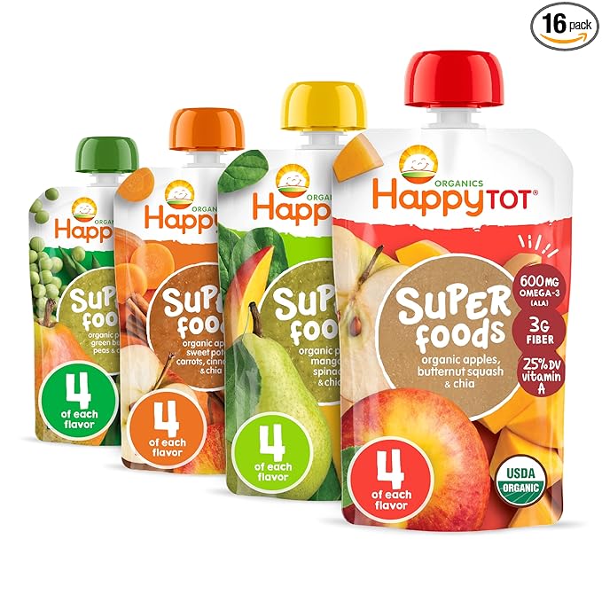 HAPPYTOT Organics Stage 4 Baby Food Pouches, Gluten Free, Vegan Snack, SuperFoods Fruit & Veggie Puree & Chia Variety Pack, 4.22 Ounce (Pack of 16), Amazon Exclusive