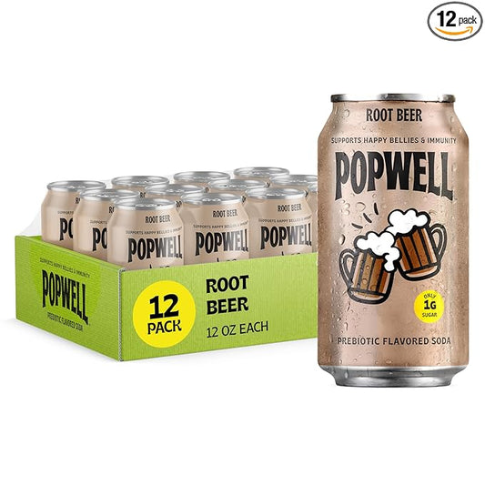 Popwell Root Beer Better-For-You Prebiotic Soda, with 6g Fiber, 1g Sugar, Vitamins and Immunity Support, 12 fl oz Cans (pack of 12)