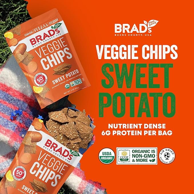 Brad’s Plant-Based - Organic Veggie Sweet Potato Chips - Delicious Healthy Snacks - High Protein & High Fiber Snacks - Low Carb - Organic Veggie On-the-Go Sweet Potato Chips - 3 Oz (Pack of 5)