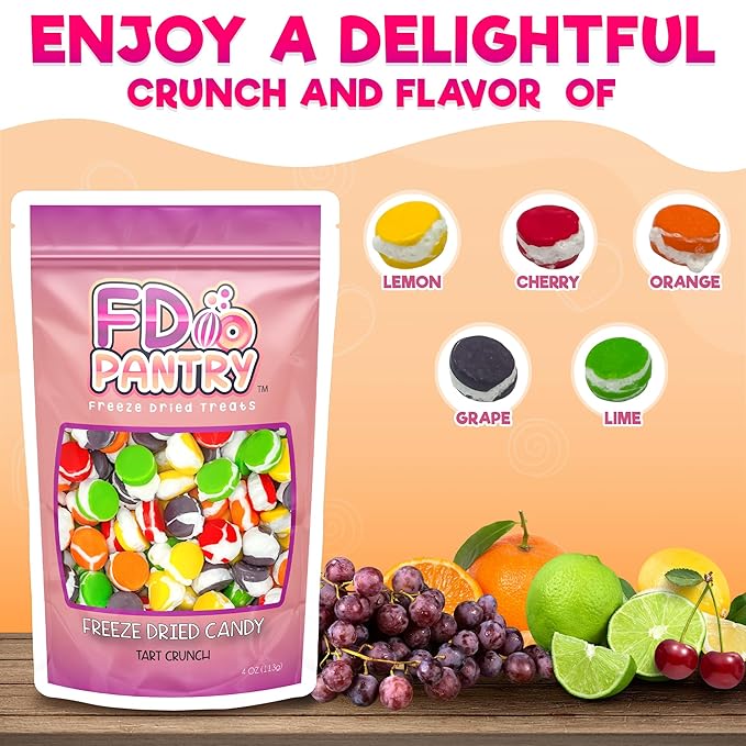 Freeze Dried Candy Tarts Crunch: Crunchy Sweetness, 4 oz Flavors: Cherry, Lemon, Lime, Orange, Grape. Tarts Resealable Bag Tangy Sweet