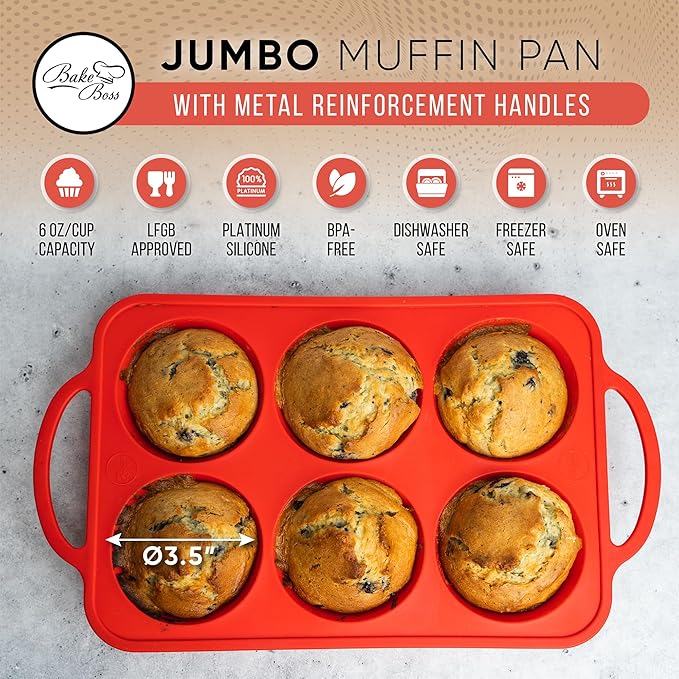 BAKE BOSS 2 PACK - Jumbo Muffin Pan, 3.5" Large Muffin Pan 6 Cup - Silicone Jumbo Muffin Tin for Baking BPA Free Non Stick - RED