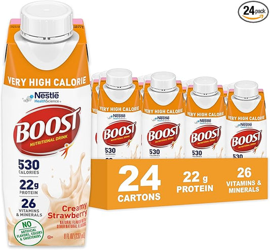 Boost Very High Calorie Strawberry Nutritional Drink – 22g Protein, 530 Nutrient Rich Calories, 8 Fl Oz (Pack of 24)
