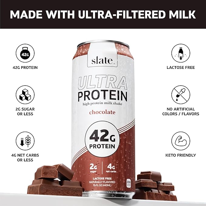 Slate Milk - Ultra Protein Shake - Sweet & Salty Pack - Chocolate, Vanilla, Salted Caramel - 42g Protein, 2g Sugar, 200 Calories, 4g Net Carbs - Lactose Free, No Added Sugar - 15 fl oz, 12 Cans