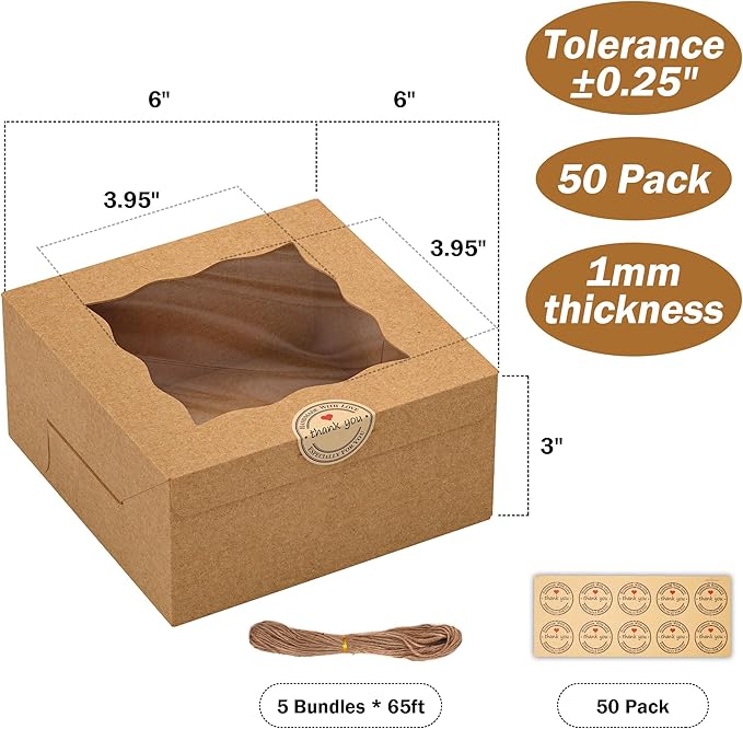 EffiQ-Rate 50 Pack Cookie Boxes with Window, 6x6x3 Inches Bakery Boxes, Pastry Boxes for Cookies, Pastries, Desserts, Cakes, Donuts, Macarons, with 50 Stickers and 5 Bundles of Twine