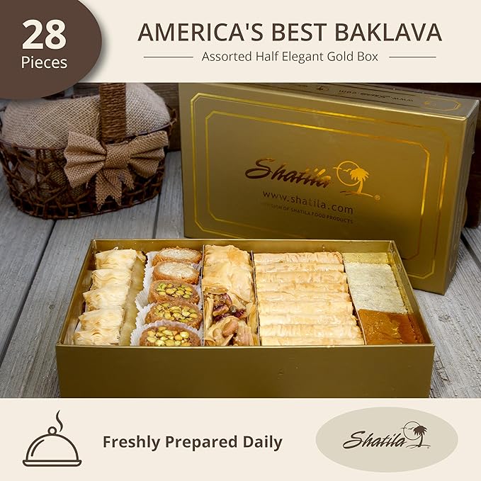 Shatila Food Products Half Elegant Gold Box Baklawa, Assorted Baklava Pastry Gift, Mediterranean Sweets Arabic Desserts, 28-Pieces
