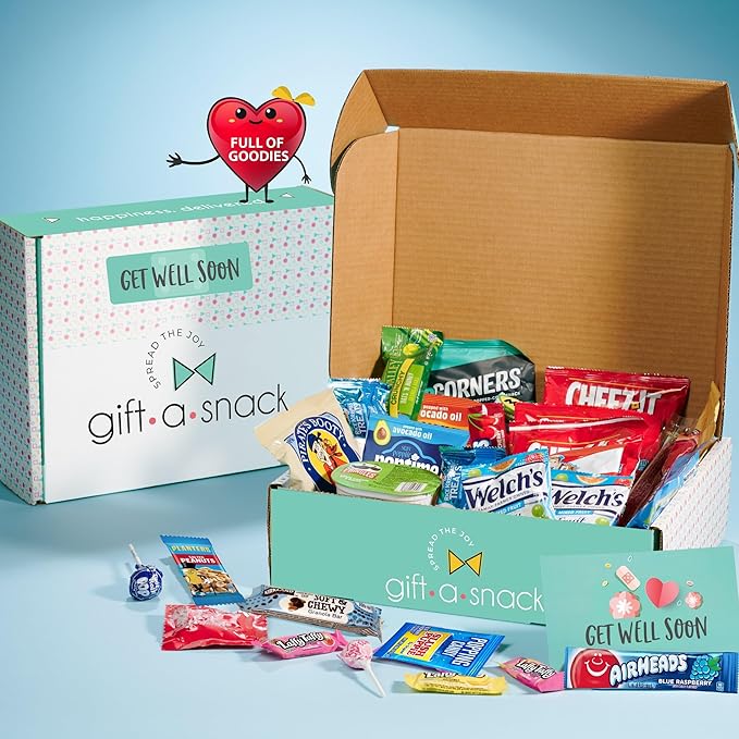 Gift A Snack - Get Well Soon Snack Box Variety Pack Care Package + Greeting Card (45 Count) Feel Better Sweet Treats Gift Basket, Candies Chips Crackers Bars - Office Food Assortments