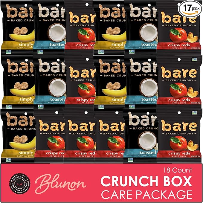 Bare Chips Variety Pack - Assortment of Apple Chips, Banana Chips and Coconut Chips Snack Size - Care Package Gift Box (18 Count)