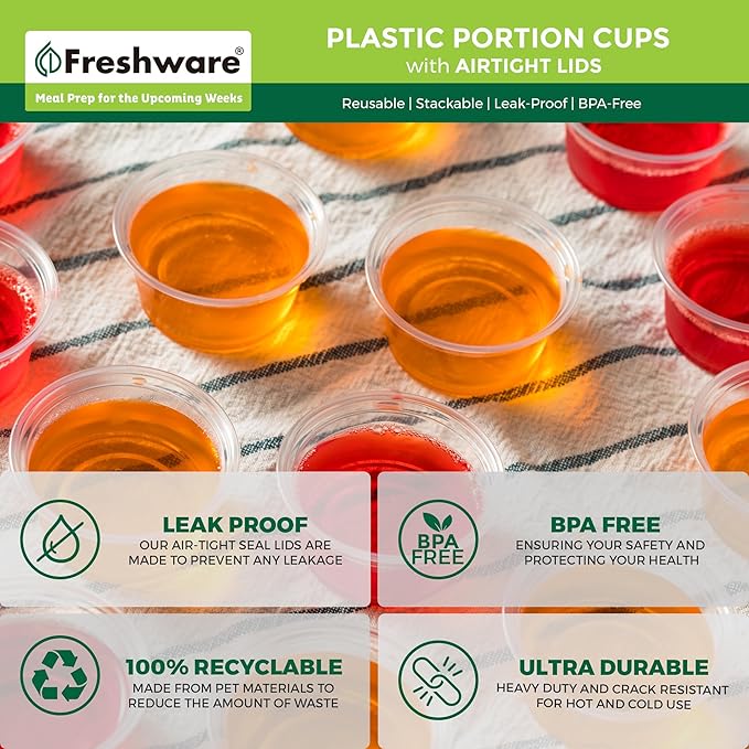 Freshware Plastic Portion Cups with Lids [2 Ounce, 100 Sets] Disposable Plastic Cups for Meal Prep, Salad Dressing, Jellos Shot Cups, Souffle Cups, Condiment and Dipping Sauce Cups