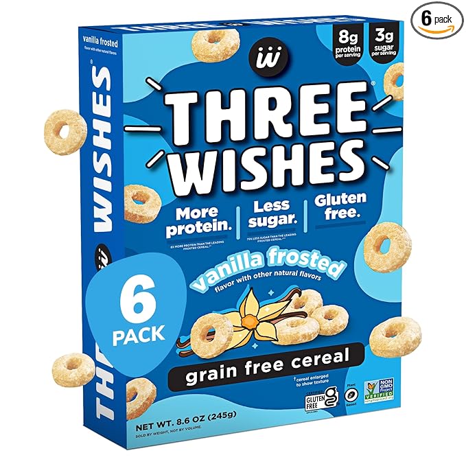 Three Wishes Grain-Free & Protein Cereal - Healthy, Low Sugar & Gluten-Free Breakfast Cereal - Low Carb, Plant-Based, Vegan & Non-GMO - Frosted, 6-Pack