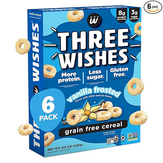 Three Wishes Grain-Free & Protein Cereal - Healthy, Low Sugar & Gluten-Free Breakfast Cereal - Low Carb, Plant-Based, Vegan & Non-GMO - Frosted, 6-Pack