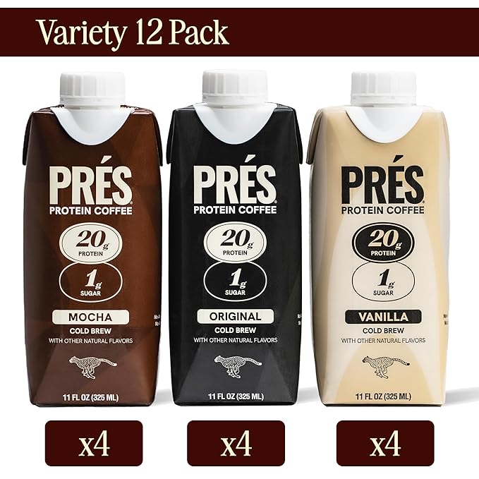 Prés - Protein Coffee - High Protein - Real Cold Brew - 20g Protein - 1g Sugar - 100 Calories - No Added Sugar - Coffee - Protein - 11 FL OZ - 12 Pack (Variety - Original, Mocha, Vanilla)