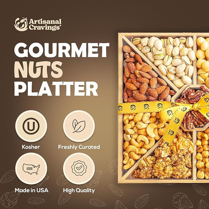Gourmet Mixed Nuts Gift Basket in Sleek Bamboo Wood Reusable Platter | XL 2 lb Platter Includes 9 Assortments of Premium Nuts, Kosher