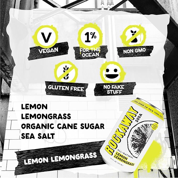 ROCKAWAY Lemon Lemongrass Soda Drinks - Low calorie drinks made from Real Fruit Juice, All Natural - Soda Pop Drinks Gluten Free, Vegan, GMO Free - 12oz (12 Pack)