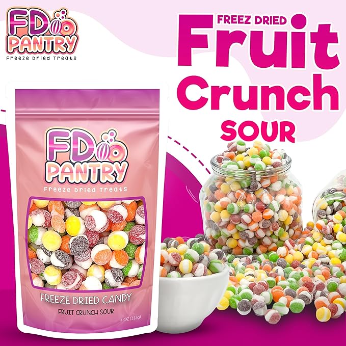 Freeze Dried Candy, Fruit Crunch Sour, 4 oz, Assorted Strawberry, Orange, Lemon, Grape, Lime Flavors, Bag Pouch, Ideal Gift Snack