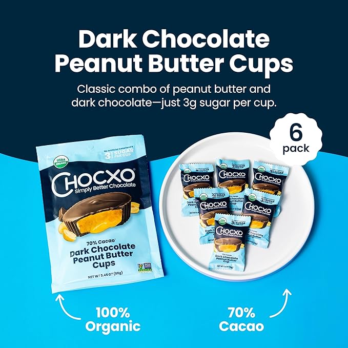 Chocxo Dark Chocolate Peanut Butter Cups - Lower Sugar, Organic, NonGMO, Keto, Gluten Free, Kosher. No Artificial Sweeteners/Sugar Alcohols, 3.45 oz (Pack of 6)