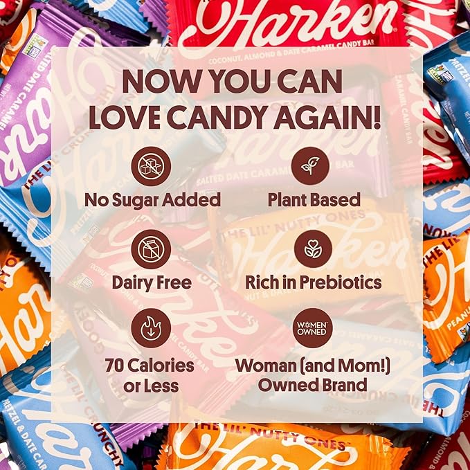 Harken Sweets Lil’ Ones Variety Pack, Mini Oat Milk Chocolate Candy Bars, Sweetened with Dates, No Sugar Added, High Fiber Snack, Dairy Free, Lower Calorie, Plant-Based, 4 Pouches (20 Bars)