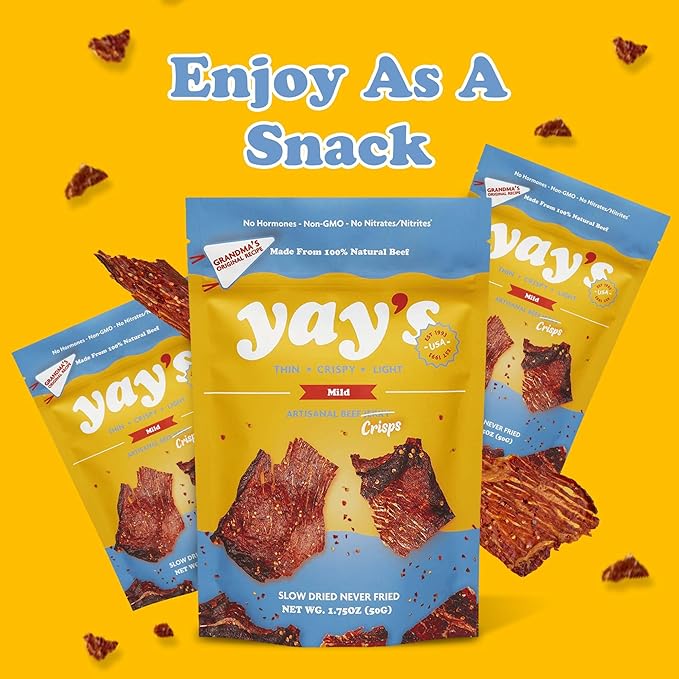 Yay's Snacks Sweet and Spicy Beef Crisps | Crispy, Crunchy, High Protein Snacks | Mild Beef Jerky with 24G Protein Snacks Per Bag | Healthy Meat Snacks Non-GMO, USA Made - 3 Packs (1.75 Oz Each)