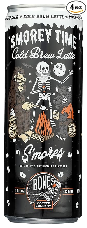 Bones Coffee Company S'morey Time Cold Brew Latte S'mores & Graham Crackers Flavored Coffee | Ready To Drink 100% Coffee Can Smooth Sweet Blend Cans 11 Fl Oz (4 Pack)