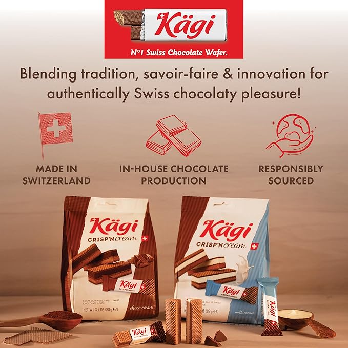 Swiss Milk Chocolate Mousse Filled Wafers by Kägi, Individually Wrapped Snacks, Chocolate Gift, Kägi Crisp'n Cream Milk Cream, 2-Pack, 88g Bags
