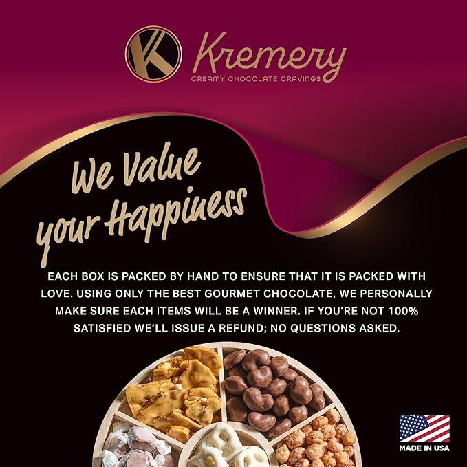 KREMERY Creamy Chocolate Cravings - Valentines Day Chocolate Covered Pretzels & Nuts Gift Basket, in Reusable Round Wooden Tray + Ribbon (7 Assortments) Sweet Treats, Kosher