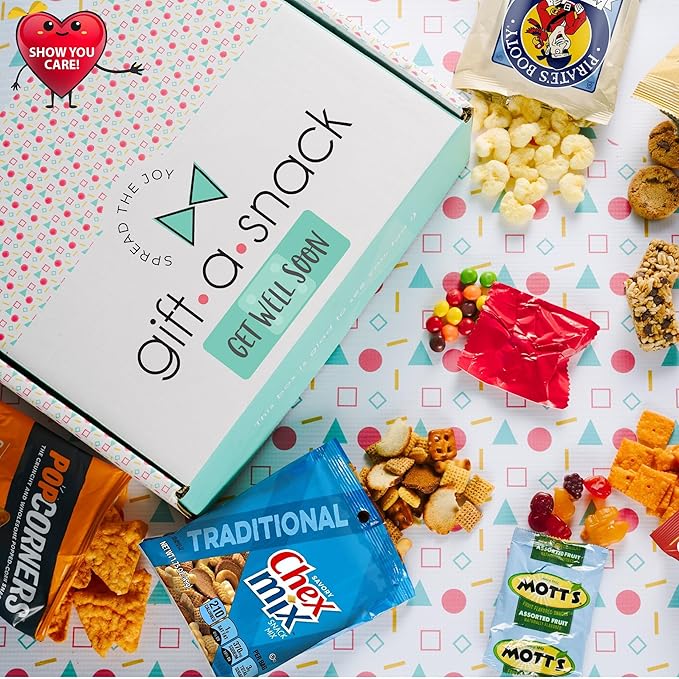 Gift A Snack - Get Well Soon Snack Box Variety Pack Care Package + Greeting Card (60 Count) Feel Better Sweet Treats Gift Basket, Candies Chips Crackers Bars - Office Food Assortments