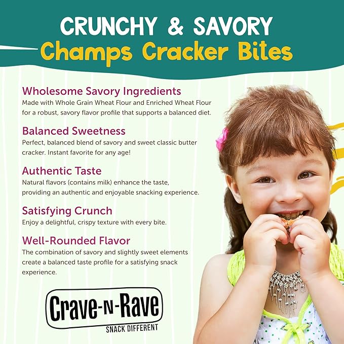 Crave-N-Rave The Originals Champ Wheat Crackers Bites, All-Natural Saltine Crackers. Kosher Whole Grain Crackers, Made in USA, 4 Large Packs, 80 oz Total