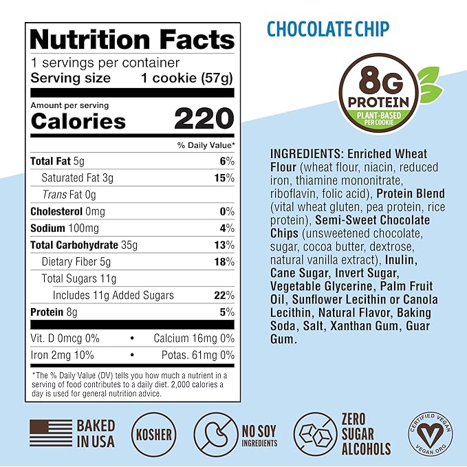 Lenny & Larry's Complete Protein Cookie, [Chocolate Chip], Chewy Soft Baked, 16g Plant Protein, Vegan, Non-GMO, High Fiber, [2 Ounce] Cookie (Pack of 12)