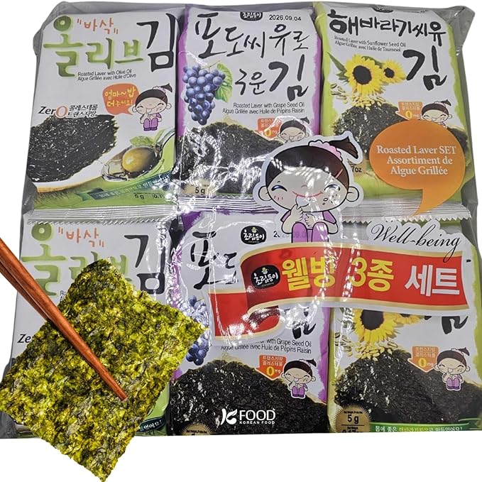 Korean Food Mixed Roasted Seaweed Snack Set, 12 Count (0.17 oz Each) – Olive Grape Seed Sunflower Oil Laver – Keto Vegan Gluten-Free On-The-Go Korean Nori Snack