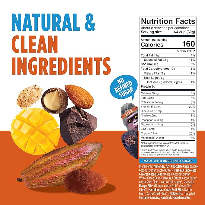 Blue Stripes - Trail Mix, 70% Chocolate Chips, Almonds, Macadamia Nuts, Mango, Healthy Snacks for Adults, Whole 70% Cacao, With Unrefined Sugar, Non GMO, Gluten Free, Vegan - 4 Pack, 8 oz