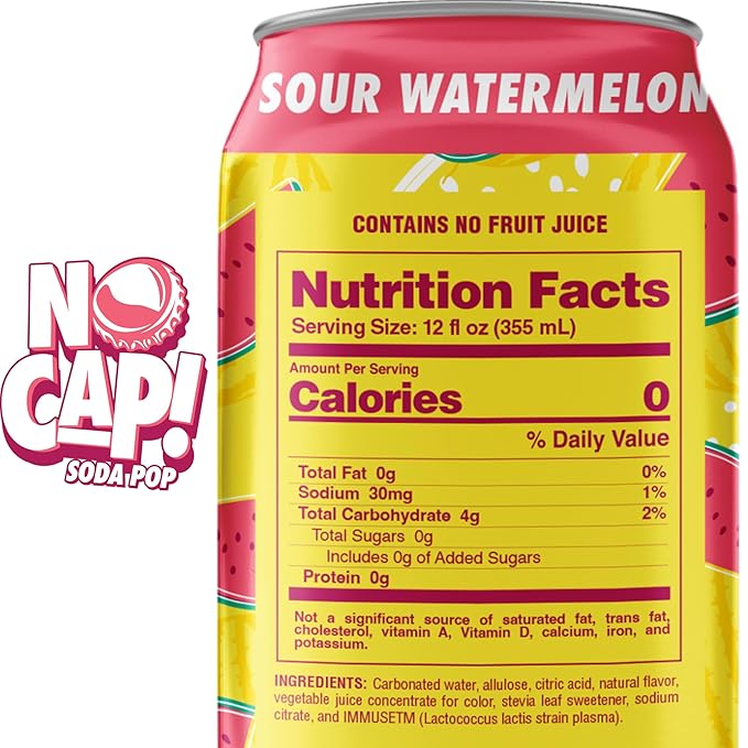 NO CAP! Next Gen Soda Pop with Zero Sugar, Zero Calories and Electrolytes for Hydration, Naturally Flavored Caffeine-Free Soda, Vegan & Gluten-Free, 12 oz Cans (Sour Watermelon)