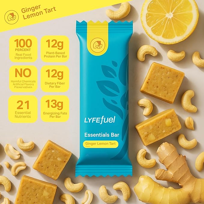 LyfeFuel Essential High Protein Bars | Meal Replacement, Vegan, 12g Plant-Based Low Carb Protein Bars for Intermittent Fasting - High Fiber, MCT Oil, 21 Organic Vitamins & No Sugar | 10 Servings | Lemon Ginger Tart