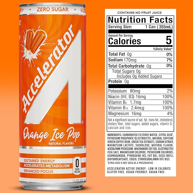 Accelerator Energy Drink, Orange Ice Pop 12oz can (12 pack), Zero Sugar, Sustained Energy from 100% Natural Caffeine (200mg from Green Coffee Bean & Green Tea extract)