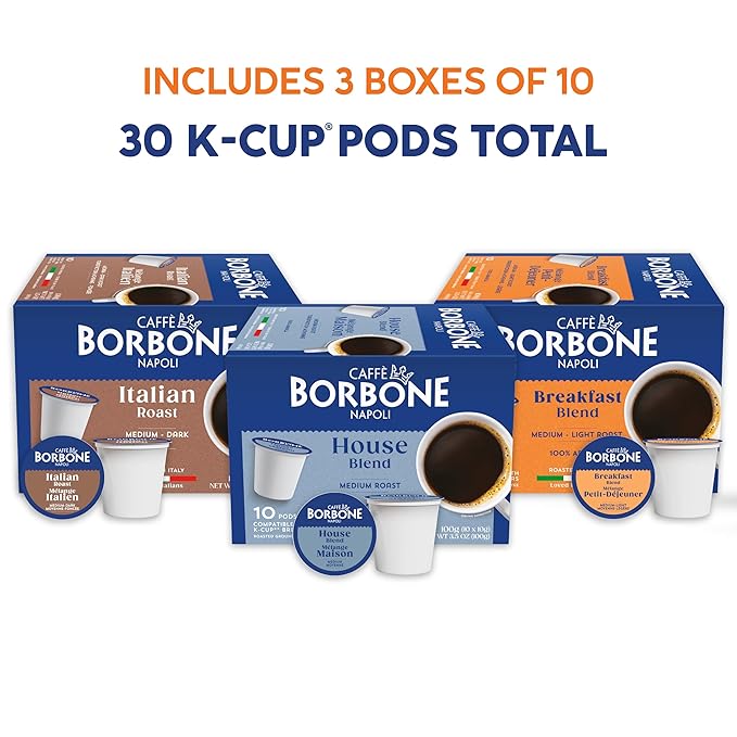 Caffè Borbone Variety Pack Coffee Pods (30 Count) – House, Breakfast & Italian Roast Blends for a Smooth, Bold & Balanced Brew – Single Serve Coffee Pods Compatible with K-Cup Brewers